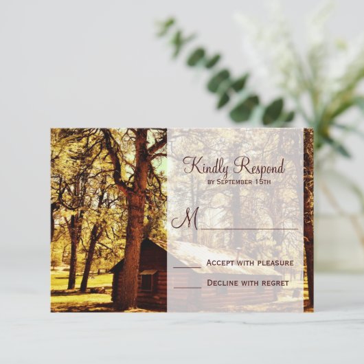 Rustikale Rundholzhütte Holz Hochzeitskarten RSVP (Stehend Vorderseite)