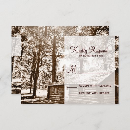 Rustikale Rundholzkabine Sepia HochzeitsrSVP Karte (Vorne/Hinten)