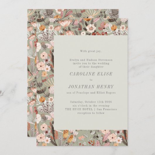 Rustikale Sage floral Boho Feierliche Hochzeit Ein Einladung (Vorne/Hinten)