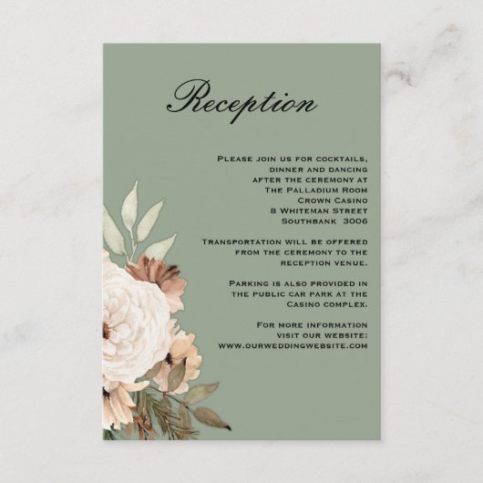 Rustikale Sage Green Boho Hochzeitsempfehlung Begleitkarte (Vorderseite)