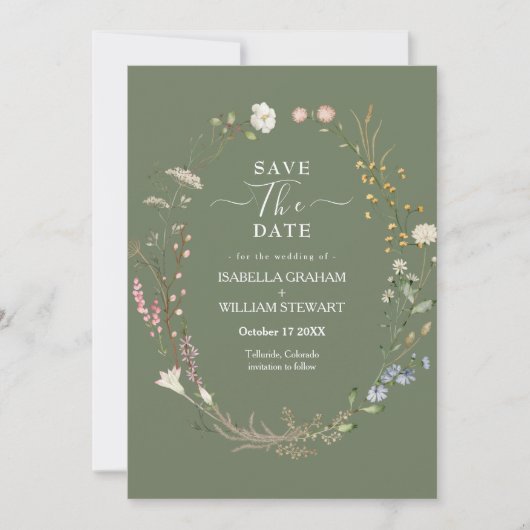 Rustikale Sage Green Boho Wildblume Save the Date Einladung (Vorderseite)