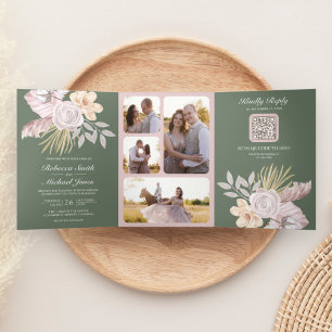 Rustikale Sage Green Rose Pink Floral QR Code Hoch Dreifach Gefaltete Einladung