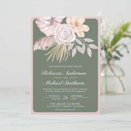 Rustikale Sage Green Rose Pink Floral QR Code Hoch Einladung (Stehend Vorderseite)