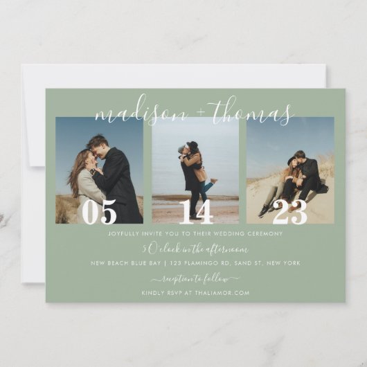 Rustikale Sage Green Script Foto Collage Hochzeit Einladung (Vorderseite)