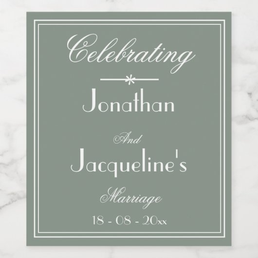 Rustikale Sage Green Simple Wedding Chic Skriptnam Weinetikett (Einzelnes Label)