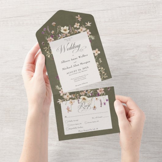 Rustikale Sage Green Wildblume Frame Dinner All In One Einladung (Abreißen)