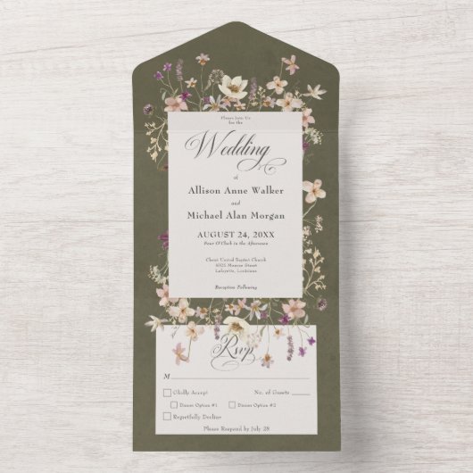 Rustikale Sage Green Wildblume Frame Dinner All In One Einladung (Innen Boden)