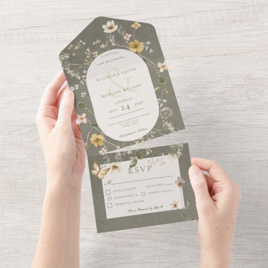 Rustikale Sage Green Wildblume Frame Dinner All In One Einladung (Abreißen)