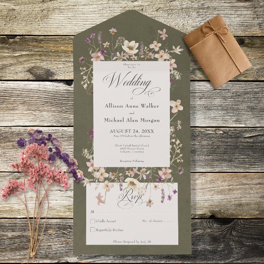 Rustikale Sage Green Wildblume Rahmen Kein Abendes All In One Einladung