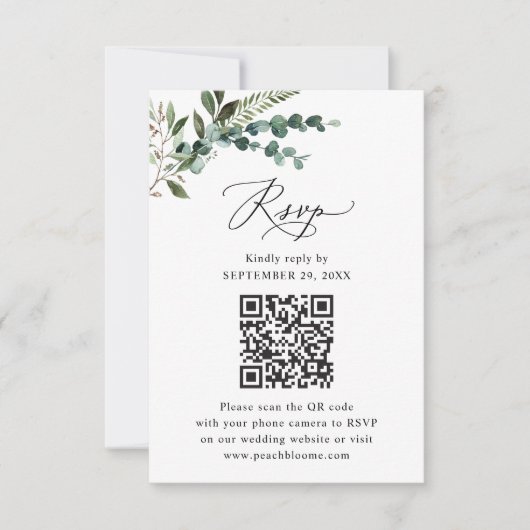 Rustikale Sage QR Code Grüne Hochzeit RSVP Karte (Vorderseite)