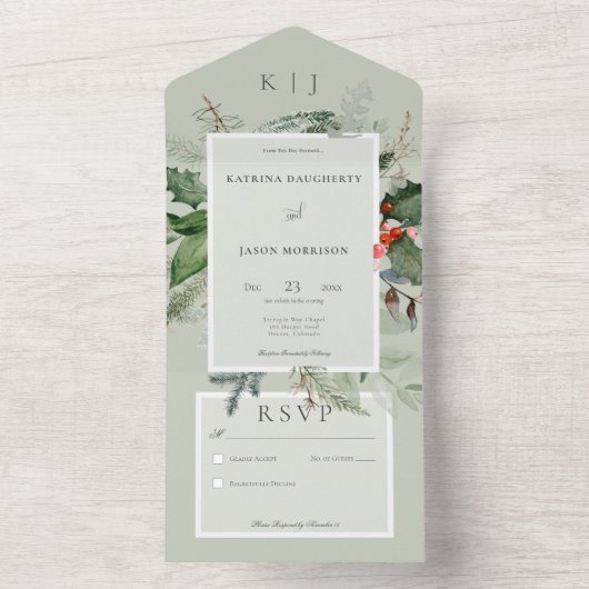 Rustikale Sage Winter Holly & Pine No Dinner All In One Einladung (Innen Boden)