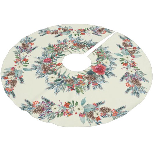 Rustikale saisonale Aquarellblüten Weihnachtselfen Polyester Weihnachtsbaumdecke (Schrägansicht)