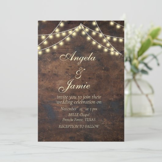 Rustikale Saitenleuchten elegant WEDING Einladung (Stehend Vorderseite)