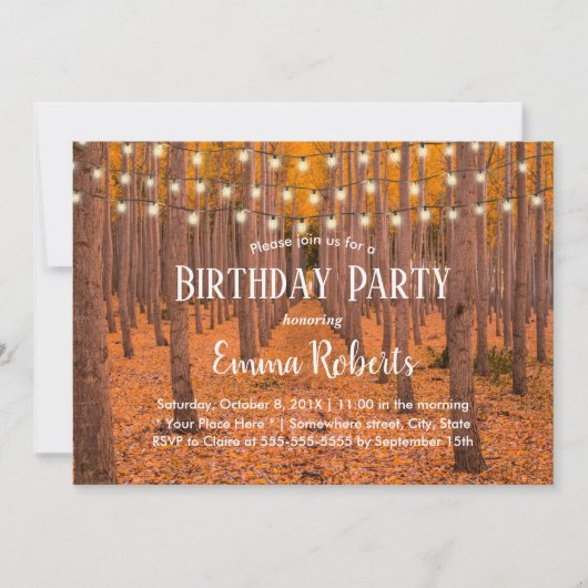 Rustikale Saitenleuchten Herbstwoods Geburtstagspa Einladung (Vorderseite)