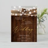 Rustikale Saitenlichter Braun Holz 2 Fotos Hochzei Folieneinladung (Stehend vorne)