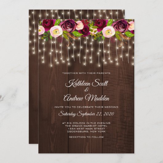 Rustikale Saitenlichter - Einladung zur Hochzeit (Vorne/Hinten)