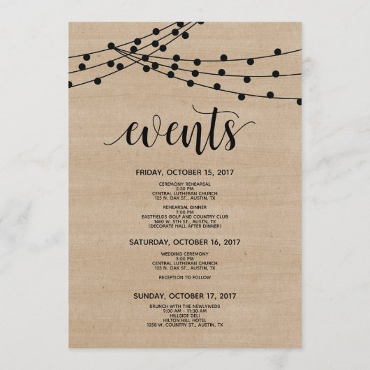 Rustikale Saitenlichter Hochzeitsempfang und Tour Programm (Rückseite)