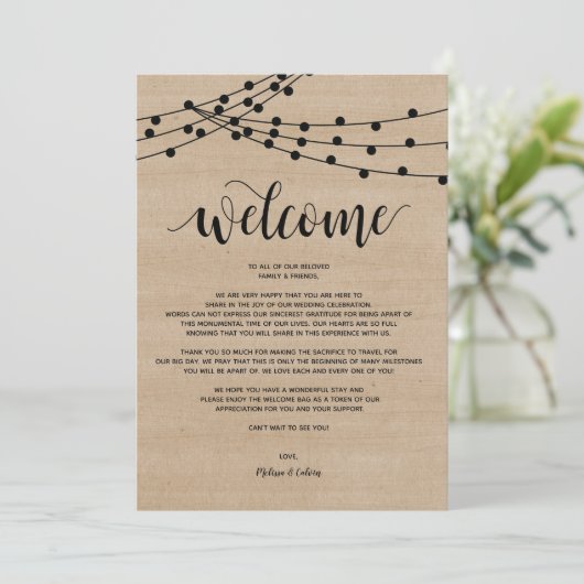 Rustikale Saitenlichter Hochzeitsempfang und Tour Programm (Stehend Vorderseite)