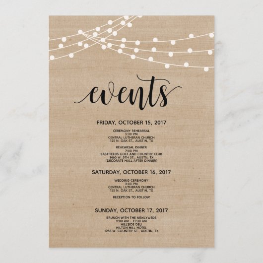 Rustikale Saitenlichter Hochzeitsempfang und Tour Programm (Rückseite)