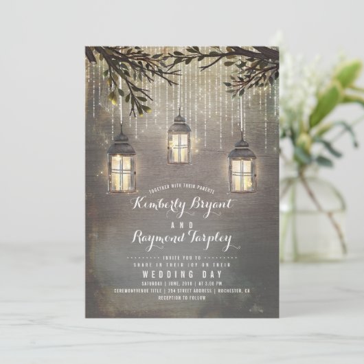 Rustikale Saitenlichter Lanterns Country Wedding Einladung (Stehend Vorderseite)