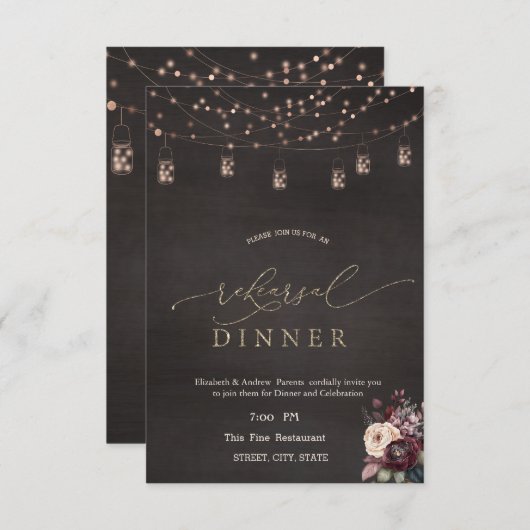 Rustikale Saitenlichter Rose Probe Abendessen Einladung (Vorne/Hinten)