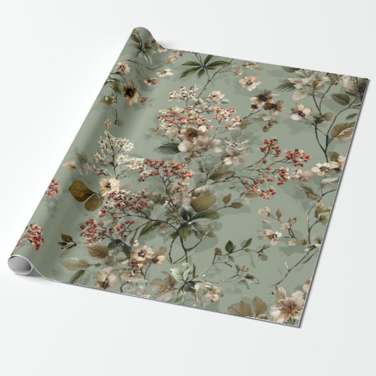 Rustikale Salbeigrüne Botanische Kräftige Vintage- Geschenkpapier (Ungerollt)