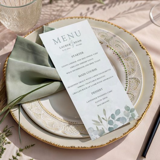 Rustikale Salbeigrüne Eukalyptus-Hochzeit Menükarte