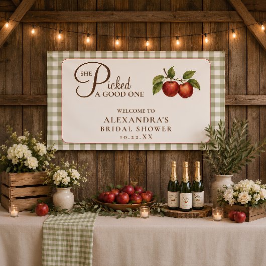 Rustikale Salbeigrüne Gingham-Apfel-Brautparty Banner