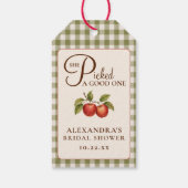 Rustikale Salbeigrüne Gingham-Apfel-Brautparty Geschenkanhänger (Rückseite)