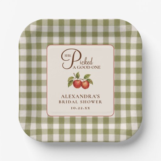 Rustikale Salbeigrüne Gingham-Apfel-Brautparty Pappteller (Vorderseite)