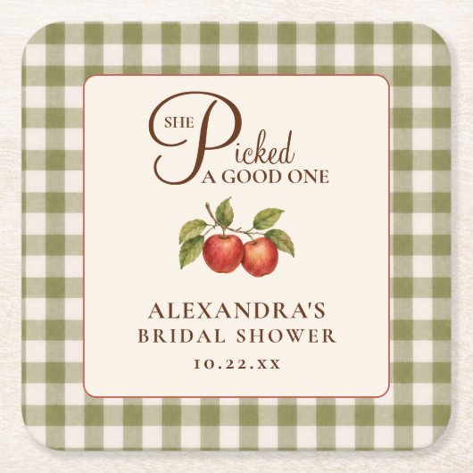 Rustikale Salbeigrüne Gingham-Apfel-Brautparty Rechteckiger Pappuntersetzer (Vorderseite)