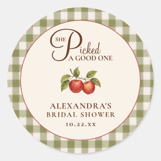 Rustikale Salbeigrüne Gingham-Apfel-Brautparty Runder Aufkleber (Vorderseite)