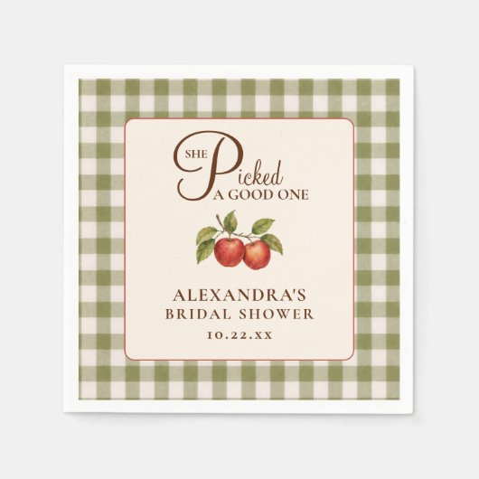 Rustikale Salbeigrüne Gingham-Apfel-Brautparty Serviette (Vorderseite)
