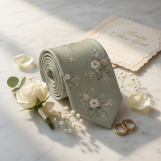 Rustikale Salbeigrüne Vintage-Blumenmuster Krawatte