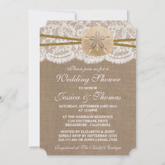 Rustikale Sand Dollar Beach Hochzeitsdusche Einladung (Vorderseite)