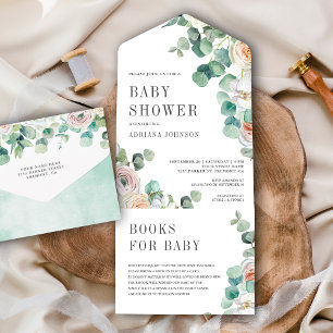 Rustikale sanfte Rosen Eukalyptus Babyparty All In One Einladung