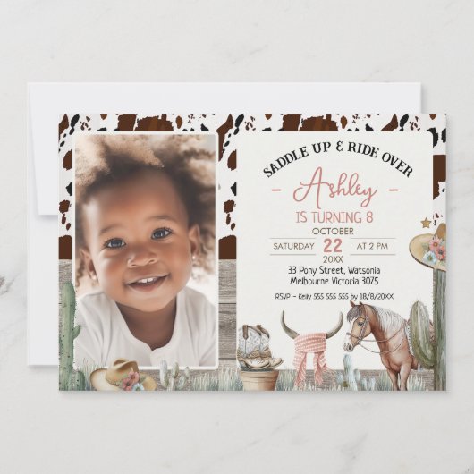 Rustikale Sattelpferde-Kuh zum Geburtstag Einladun Einladung (Vorderseite)