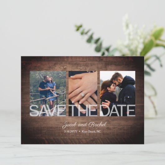 Rustikale Save the Date 3-Foto Collage Wood Weddin (Stehend Vorderseite)