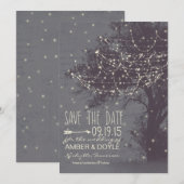 Rustikale Save-the-Date, alter Baum mit Lichterket Save The Date (Vorne/Hinten)