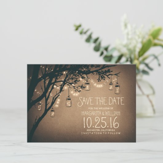 Rustikale Save the Date & Fireflies Mason Jars (Stehend Vorderseite)