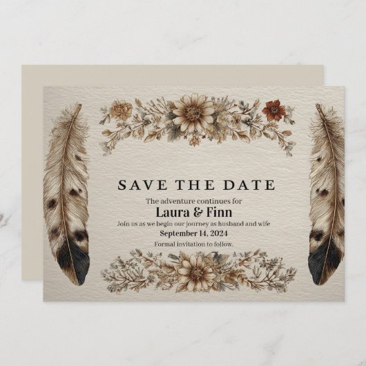Rustikale "Save the Date" Karte mit Federn und Flo (Vorne/Hinten)
