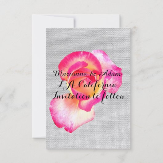 Rustikale Save the Date Karte, rosa Rose (Rückseite)