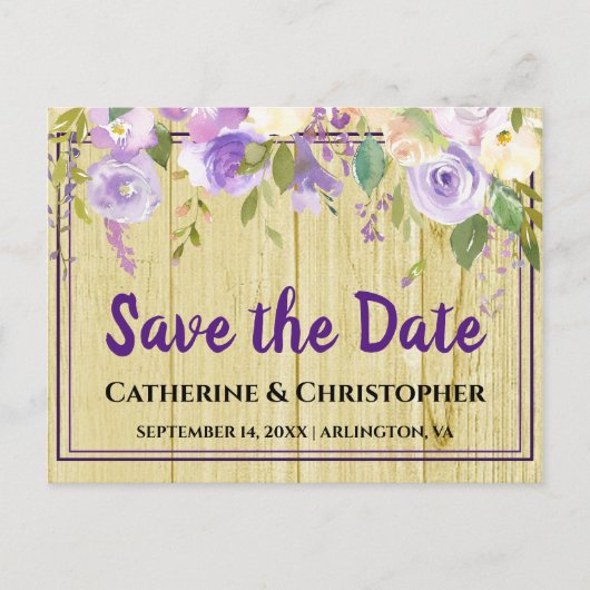 Rustikale Save the Date Lila Ankündigung Postkarte (Vorderseite)