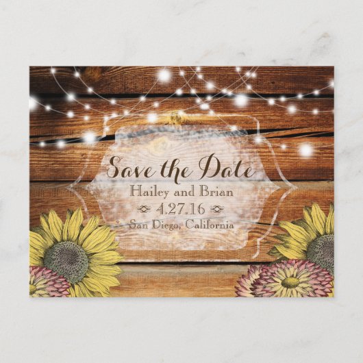 Rustikale Save the Date Postkarte mit Sonnenblumen (Vorderseite)