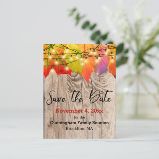 Rustikale Save the Date Wiedersehen-Herbstleaves Ankündigungspostkarte (Stehend Vorderseite)