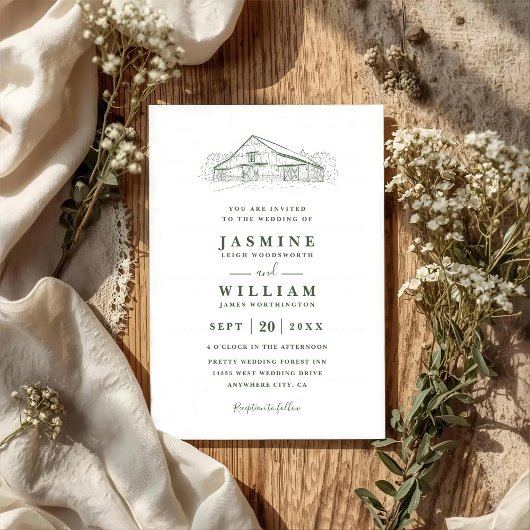 Rustikale Scheune Sage Green QR-Code Hochzeit Line Einladung