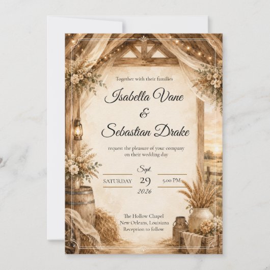 Rustikale Scheunenhochzeit Einladung (Vorderseite)