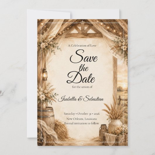 Rustikale Scheunenhochzeit Save The Date (Vorderseite)