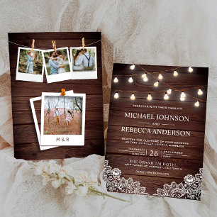 Rustikale Scheunenholz-Lichterketten-Fotohochzeit Einladung
