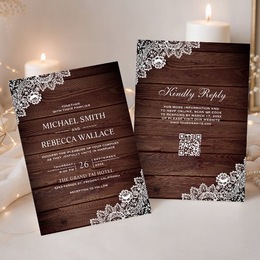 Rustikale Scheunenholz-Spitze QR-Code-Hochzeit Einladung